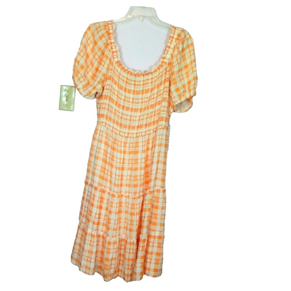 As U Wish Orange White Plaid Smocked Tiered Midi Dress 2X New